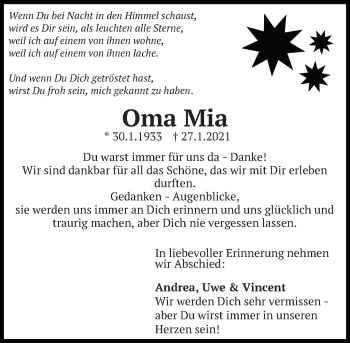 Traueranzeige von Oma Mia  von Eßlinger Zeitung/Cannstatter Zeitung
