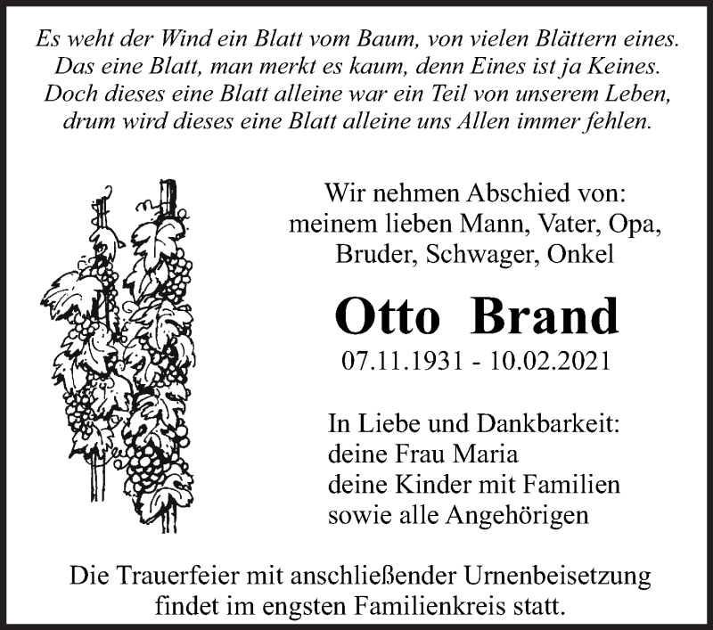  Traueranzeige für Otto Brand vom 20.02.2021 aus Eßlinger Zeitung/Cannstatter Zeitung