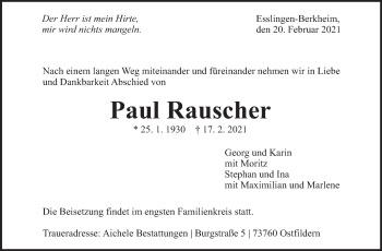 Traueranzeige von Paul Rauscher von Eßlinger Zeitung/Cannstatter Zeitung