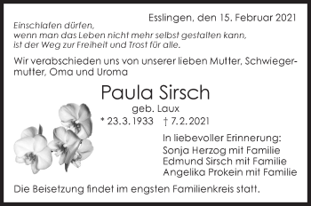 Traueranzeige von Paula Sirsch von Eßlinger Zeitung/Cannstatter Zeitung
