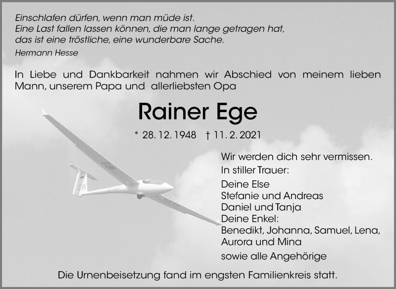  Traueranzeige für Rainer Ege vom 26.02.2021 aus Eßlinger Zeitung/Cannstatter Zeitung