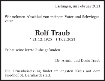 Traueranzeige von Rolf Traub von Eßlinger Zeitung/Cannstatter Zeitung