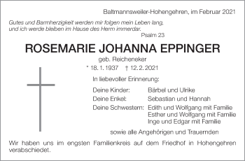 Traueranzeige von Rosemarie Johanna Eppinger von Eßlinger Zeitung/Cannstatter Zeitung