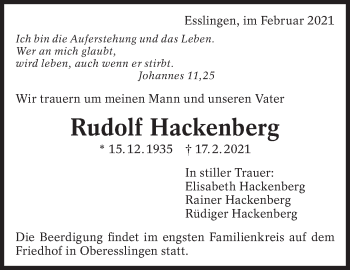Traueranzeige von Rudolf Hackenberg von Eßlinger Zeitung/Cannstatter Zeitung