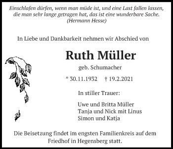Traueranzeige von Ruth Müller von Eßlinger Zeitung/Cannstatter Zeitung