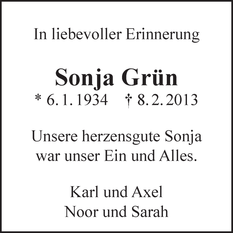  Traueranzeige für Sonja Grün vom 08.02.2021 aus Eßlinger Zeitung/Cannstatter Zeitung