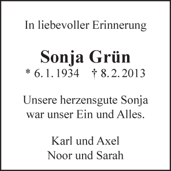 Traueranzeige von Sonja Grün von Eßlinger Zeitung/Cannstatter Zeitung