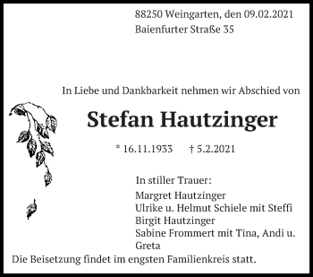 Traueranzeige von Stefan Hautzinger von Eßlinger Zeitung/Cannstatter Zeitung