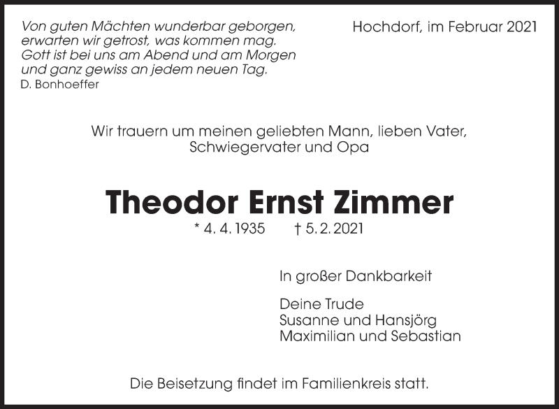  Traueranzeige für Theodor Ernst Zimmer vom 13.02.2021 aus Eßlinger Zeitung/Cannstatter Zeitung