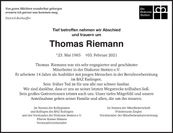 Traueranzeige von Thomas Riemann von Eßlinger Zeitung/Cannstatter Zeitung