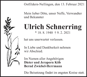 Traueranzeige von Ulrich Schnerring von Eßlinger Zeitung/Cannstatter Zeitung