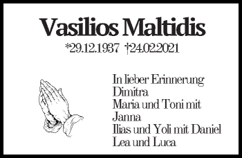 Traueranzeige von Vasilios Maltidis von Eßlinger Zeitung/Cannstatter Zeitung