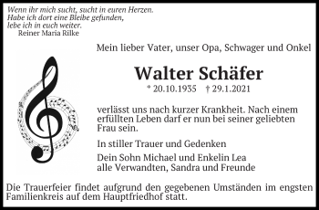 Traueranzeige von Walter Schäfer von Eßlinger Zeitung/Cannstatter Zeitung