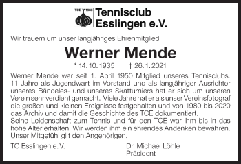Traueranzeige von Werner Mende von Eßlinger Zeitung/Cannstatter Zeitung