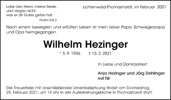 Traueranzeige von Wilhelm Hezinger von Eßlinger Zeitung/Cannstatter Zeitung