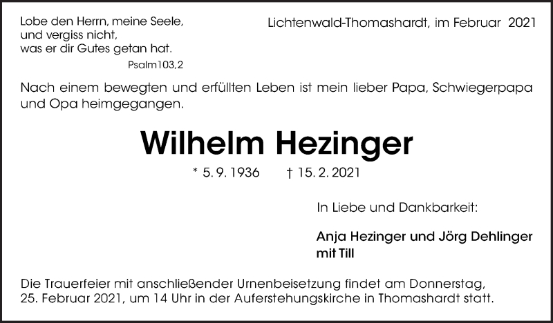  Traueranzeige für Wilhelm Hezinger vom 20.02.2021 aus Eßlinger Zeitung/Cannstatter Zeitung