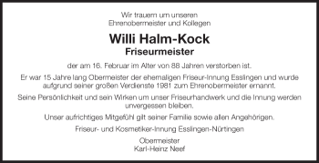 Traueranzeige von Willi Halm-Kock von Eßlinger Zeitung/Cannstatter Zeitung