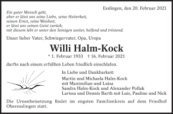 Traueranzeige von Willi Halm-Kock von Eßlinger Zeitung/Cannstatter Zeitung