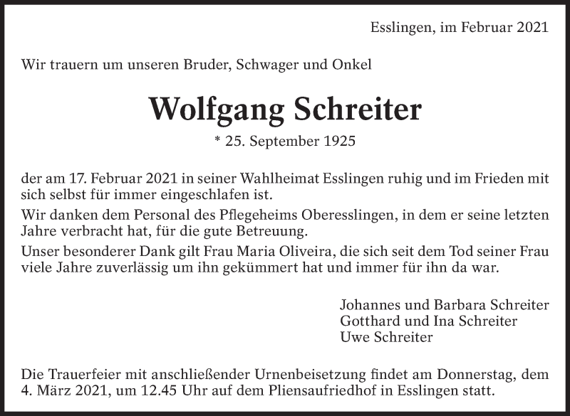 Traueranzeige für Wolfgang Schreiter vom 27.02.2021 aus Eßlinger Zeitung/Cannstatter Zeitung