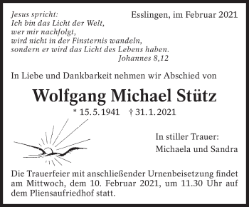 Traueranzeige von Wolfgang Michael Stütz von Eßlinger Zeitung/Cannstatter Zeitung