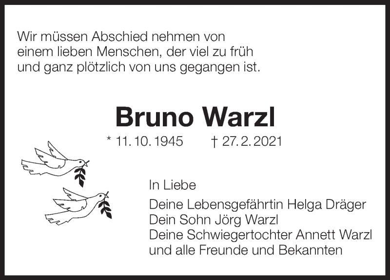  Traueranzeige für Bruno Warzl vom 09.03.2021 aus Eßlinger Zeitung/Cannstatter Zeitung