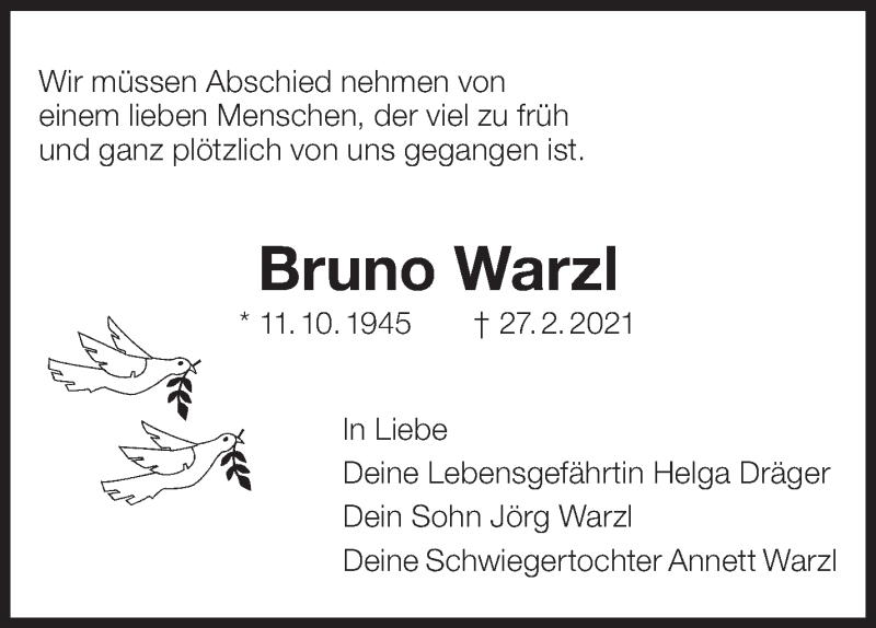  Traueranzeige für Bruno Warzl vom 06.03.2021 aus Eßlinger Zeitung/Cannstatter Zeitung