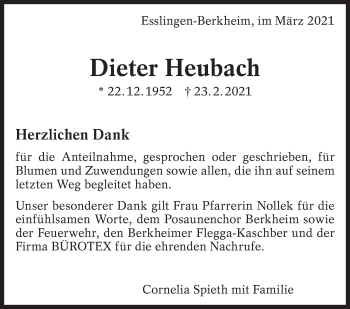 Traueranzeige von Dieter Heubach von Eßlinger Zeitung/Cannstatter Zeitung