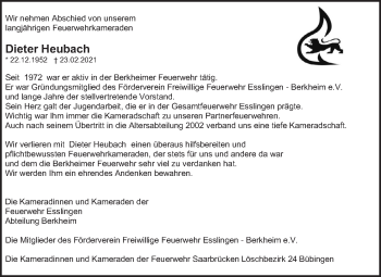 Traueranzeige von Dieter Heubach von Eßlinger Zeitung/Cannstatter Zeitung