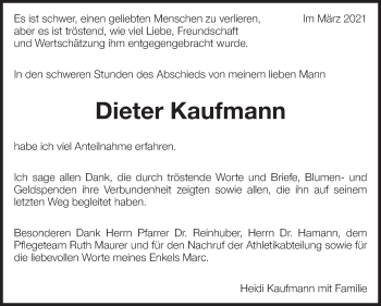 Traueranzeige von Dieter Kaufmann von Eßlinger Zeitung/Cannstatter Zeitung