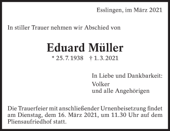 Traueranzeige von Eduard Müller von Eßlinger Zeitung/Cannstatter Zeitung