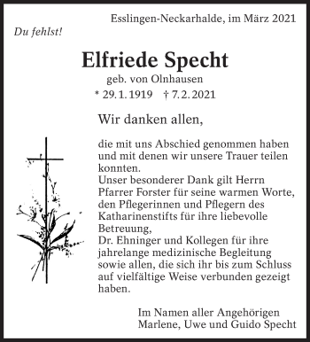 Traueranzeige von Elfriede Specht von Eßlinger Zeitung/Cannstatter Zeitung