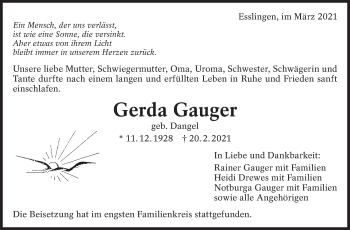 Traueranzeige von Gerda Gauger von Eßlinger Zeitung/Cannstatter Zeitung