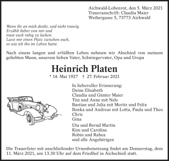 Traueranzeige von Heinrich Platen von Eßlinger Zeitung/Cannstatter Zeitung