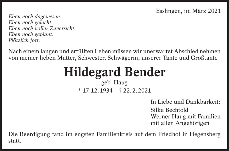  Traueranzeige für Hildegard Bender vom 06.03.2021 aus Eßlinger Zeitung/Cannstatter Zeitung