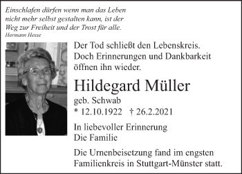 Traueranzeige von Hildegard Müller von Eßlinger Zeitung/Cannstatter Zeitung