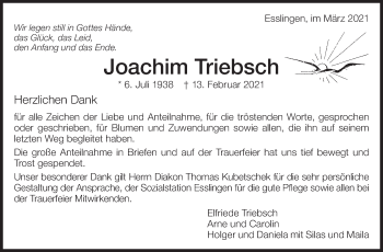 Traueranzeige von Joachim Triebsch von Eßlinger Zeitung/Cannstatter Zeitung