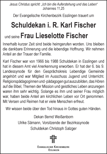 Traueranzeige von Karl Fischer von Eßlinger Zeitung/Cannstatter Zeitung