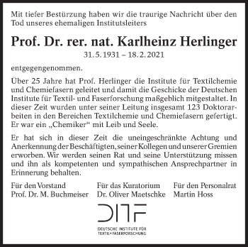 Traueranzeige von Karlheinz Herlinger von Eßlinger Zeitung/Cannstatter Zeitung