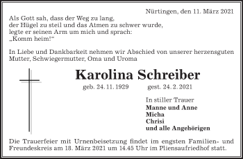 Traueranzeige von Karolina Schreiber von Eßlinger Zeitung/Cannstatter Zeitung