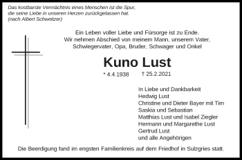 Traueranzeige von Kuno Lust von Eßlinger Zeitung/Cannstatter Zeitung