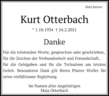 Traueranzeige von Kurt Otterbach von Eßlinger Zeitung/Cannstatter Zeitung