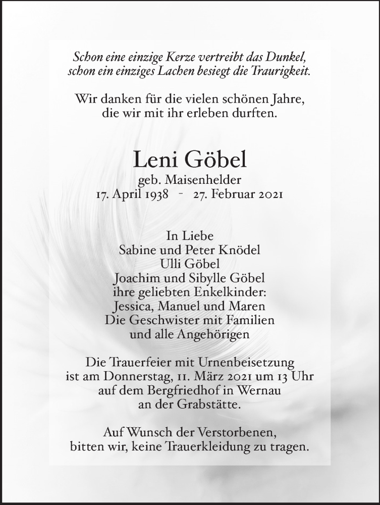  Traueranzeige für Leni Göbel vom 06.03.2021 aus Eßlinger Zeitung/Cannstatter Zeitung