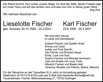 Traueranzeige von Lieselotte Fischer von Eßlinger Zeitung/Cannstatter Zeitung