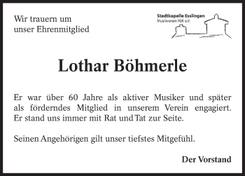 Traueranzeige von Lothar Böhmerle von Eßlinger Zeitung/Cannstatter Zeitung