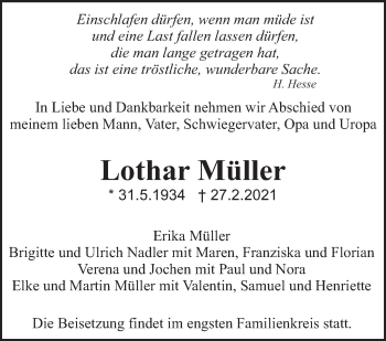 Traueranzeige von Lothar Müller von Eßlinger Zeitung/Cannstatter Zeitung