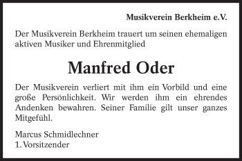 Traueranzeige von Manfred Oder von Eßlinger Zeitung/Cannstatter Zeitung