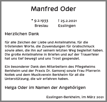 Traueranzeige von Manfred Oder von Eßlinger Zeitung/Cannstatter Zeitung
