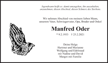 Traueranzeige von Manfred Oder von Eßlinger Zeitung/Cannstatter Zeitung