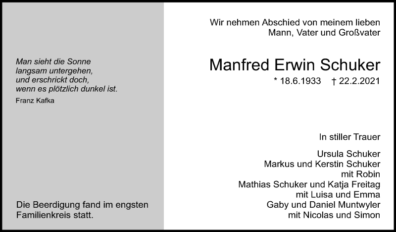  Traueranzeige für Manfred Erwin Schuker vom 04.03.2021 aus Eßlinger Zeitung/Cannstatter Zeitung