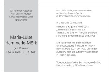 Traueranzeige von Maria-Luise Hammerle-Mörk von Eßlinger Zeitung/Cannstatter Zeitung